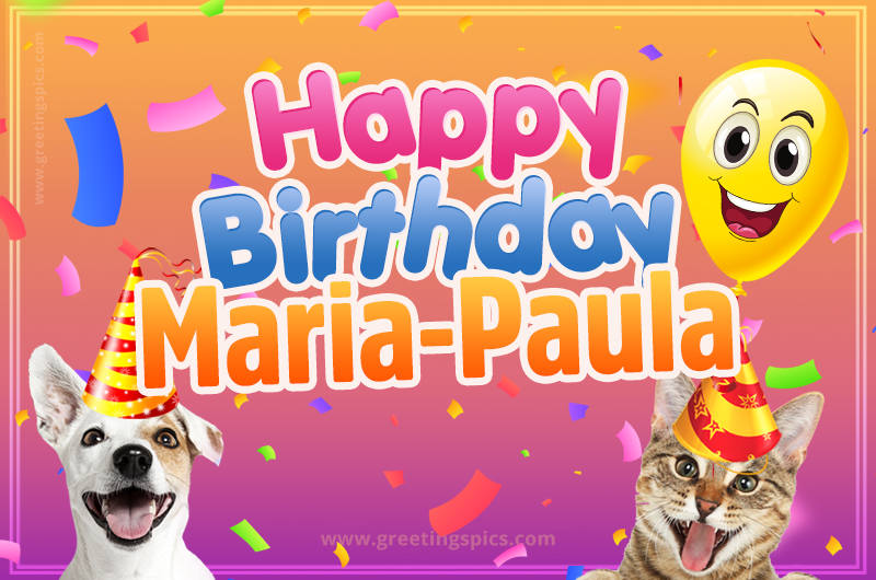 Happy Birthday Maria-Paula Funny Image with cat and dog