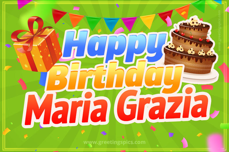 Happy Birthday Maria Grazia picture with flags, chocolate cake and gift box