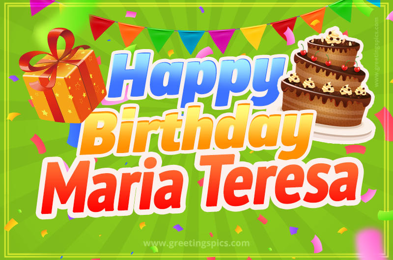 Happy Birthday Maria Teresa picture with flags, chocolate cake and gift box