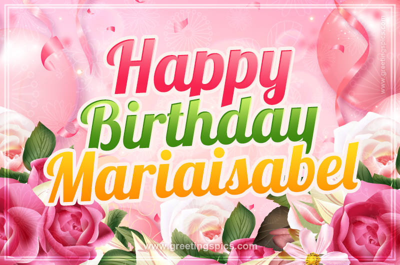 Image with gentle pink background and flowers Happy Birthday Mariaisabel