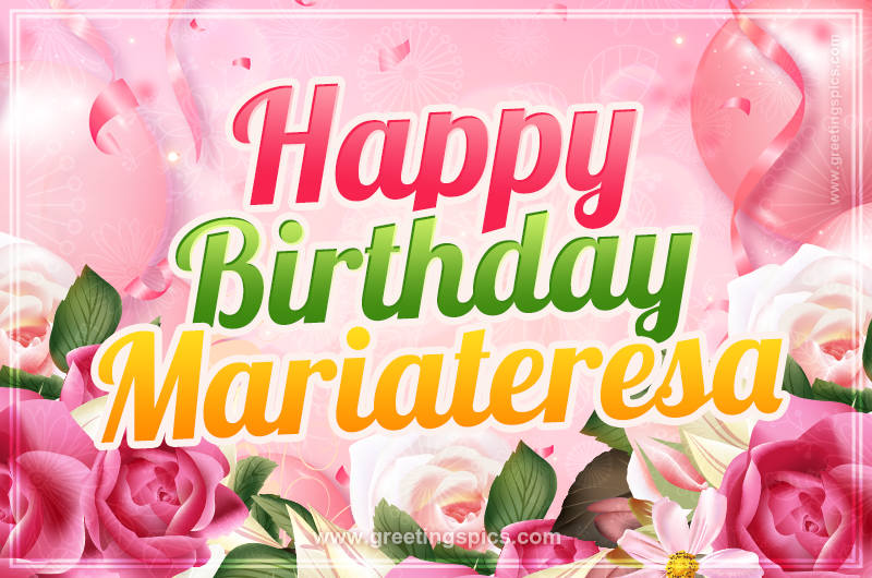 Image with gentle pink background and flowers Happy Birthday Mariateresa