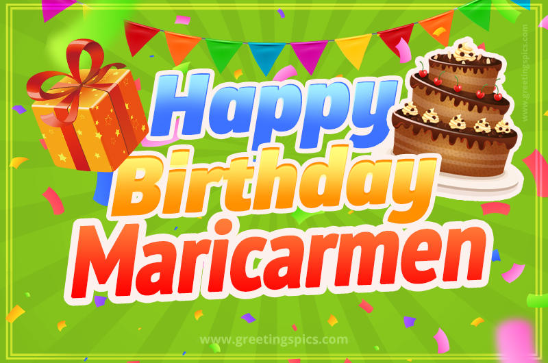 Happy Birthday Maricarmen picture with flags, chocolate cake and gift box