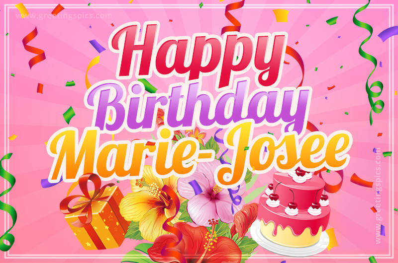 Beautiful Birthday Card for Marie-Josee with Cake and bouquet of flowers