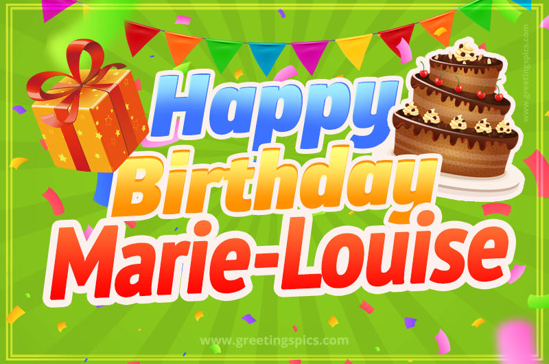 Happy Birthday Marie-Louise picture with flags, chocolate cake and gift box