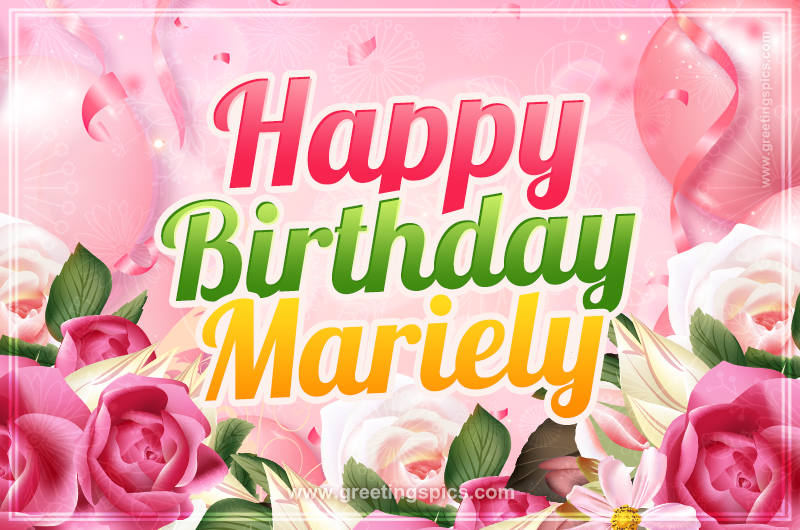 Image with gentle pink background and flowers Happy Birthday Mariely