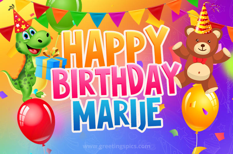 Happy Birthday Marije Image for a child with cute dinosaur and bear