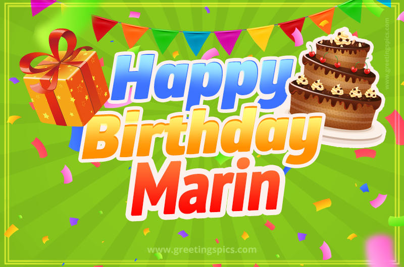 Happy Birthday Marin picture with flags, chocolate cake and gift box