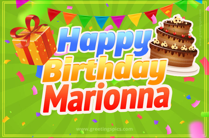 Happy Birthday Marionna picture with flags, chocolate cake and gift box