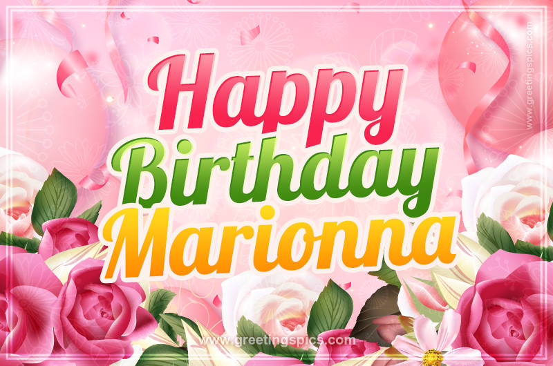 Image with gentle pink background and flowers Happy Birthday Marionna