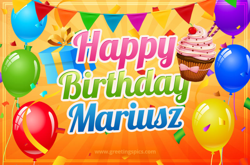 Happy Birthday Mariusz eCard with gift box and cupcake