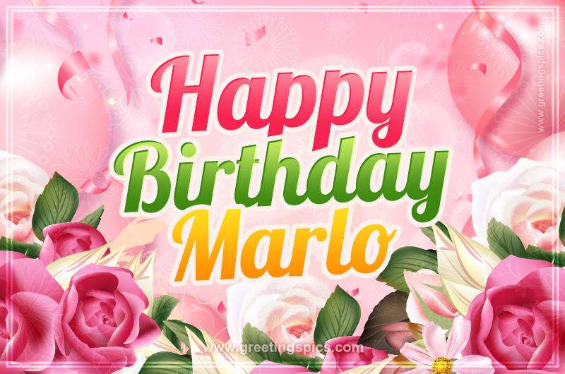 Image with gentle pink background and flowers Happy Birthday Marlo