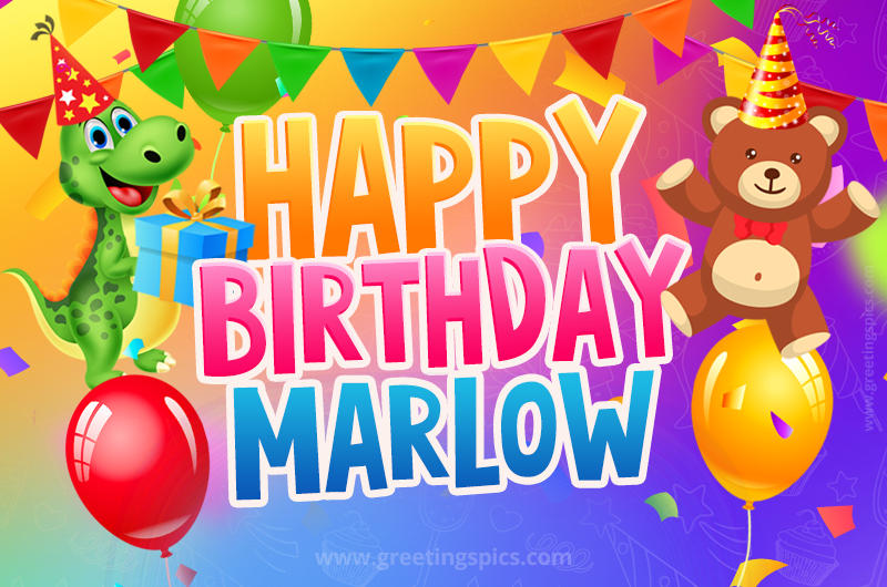 Happy Birthday Marlow Image for a child with cute dinosaur and bear