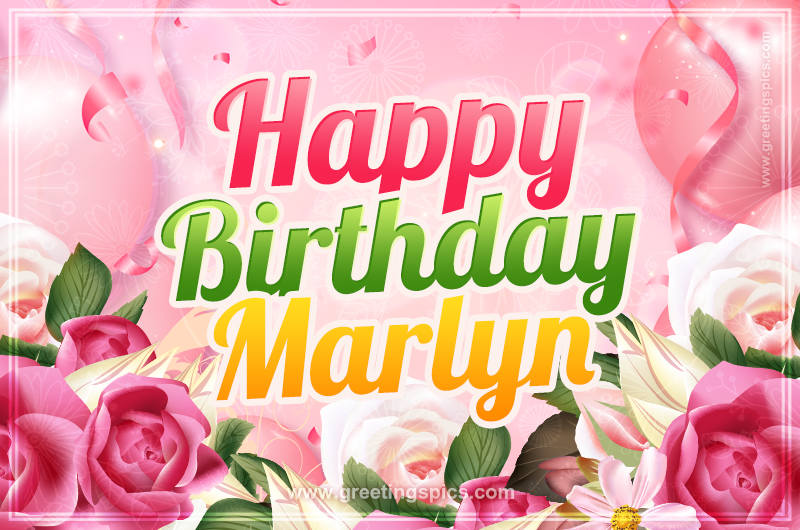 Image with gentle pink background and flowers Happy Birthday Marlyn