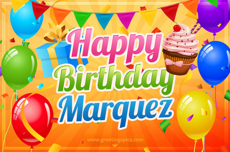 Happy Birthday Marquez eCard with gift box and cupcake