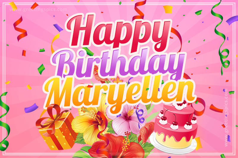 Beautiful Birthday Card for Maryellen with Cake and bouquet of flowers