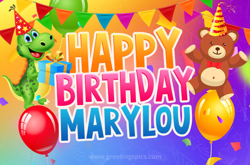 Happy Birthday Marylou Image for a child with cute dinosaur and bear