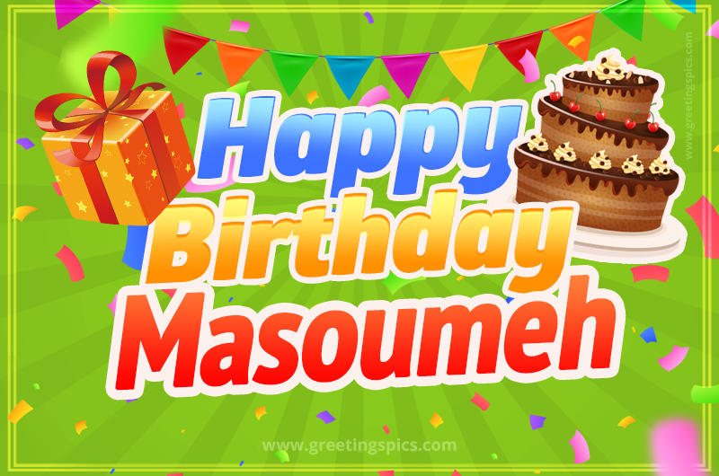 Happy Birthday Masoumeh picture with flags, chocolate cake and gift box