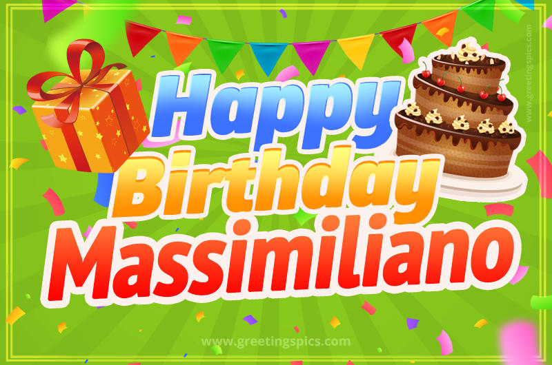 Happy Birthday Massimiliano picture with flags, chocolate cake and gift box