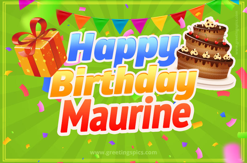 Happy Birthday Maurine picture with flags, chocolate cake and gift box