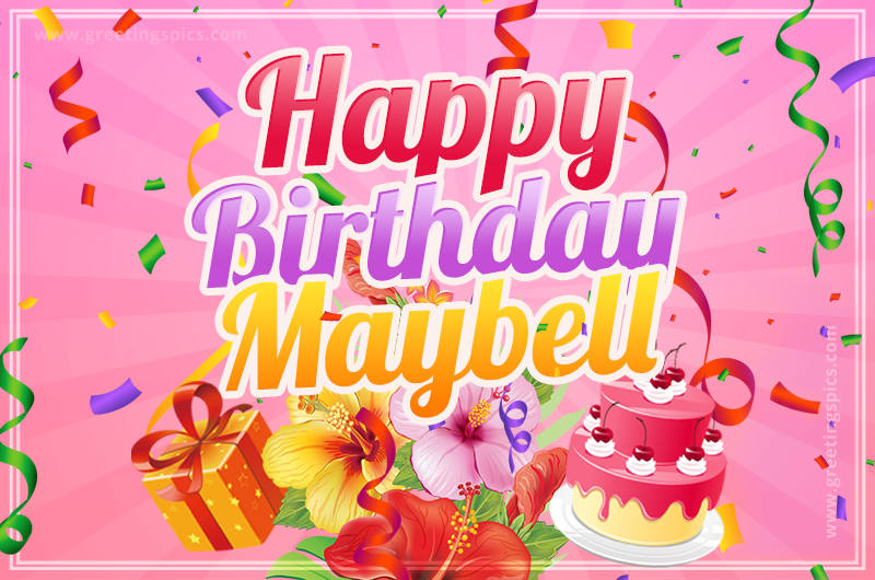 Beautiful Birthday Card for Maybell with Cake and bouquet of flowers