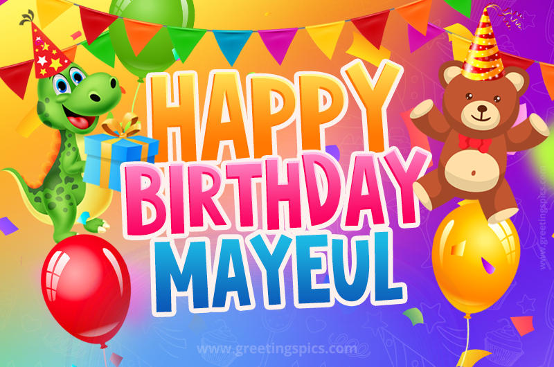 Happy Birthday Mayeul Image for a child with cute baby dinosaur and bear