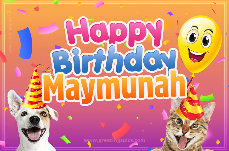 Happy Birthday Maymunah Funny Image with cat and dog