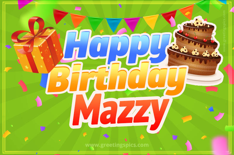 Happy Birthday Mazzy picture with flags, chocolate cake and gift box