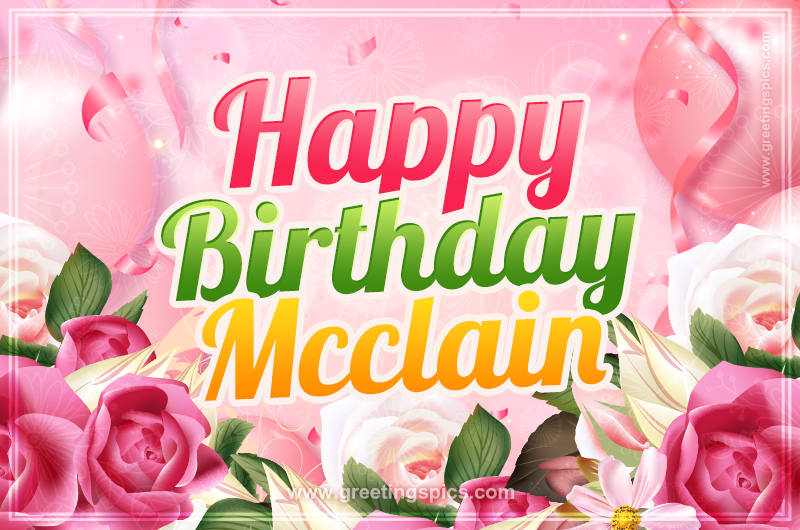 Image with gentle pink background and flowers Happy Birthday Mcclain