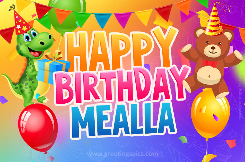 Happy Birthday Mealla Image for a child with cute dinosaur and bear