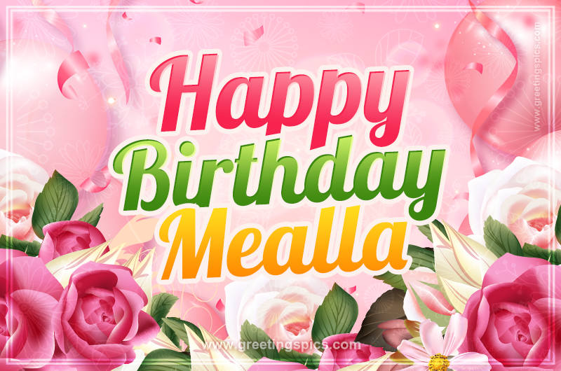 Image with gentle pink background and flowers Happy Birthday Mealla