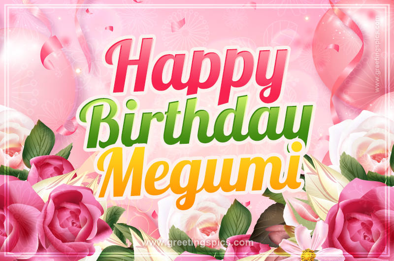 Image with gentle pink background and flowers Happy Birthday Megumi