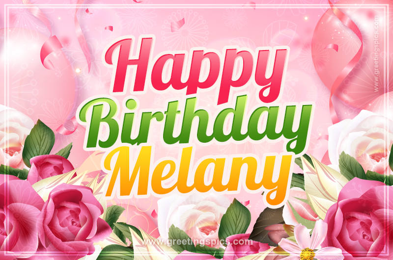 Image with gentle pink background and flowers Happy Birthday Melany