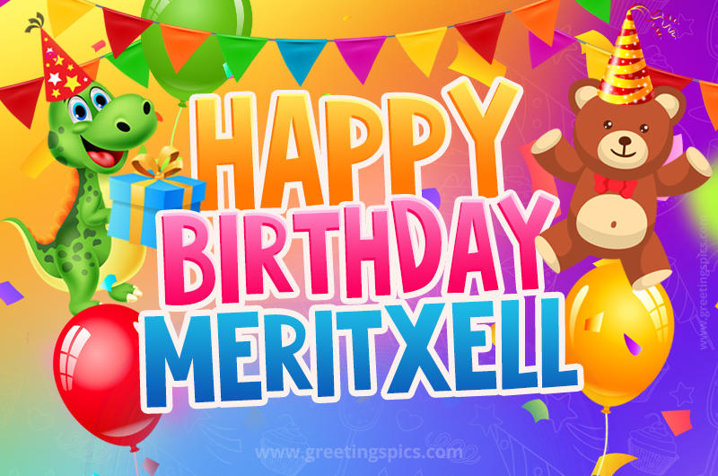 Happy Birthday Meritxell Image for a child with cute dinosaur and bear