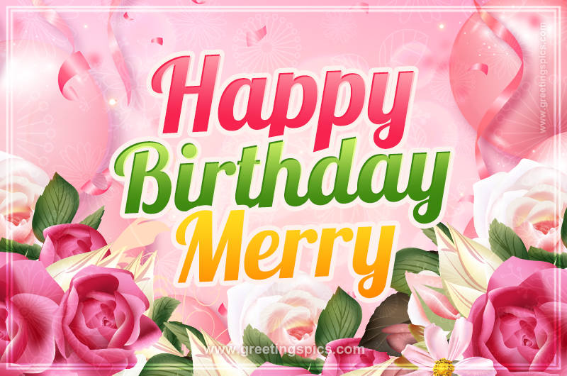 Image with gentle pink background and flowers Happy Birthday Merry