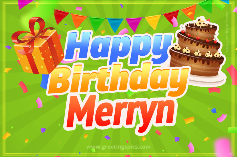 Happy Birthday Merryn picture with flags, chocolate cake and gift box