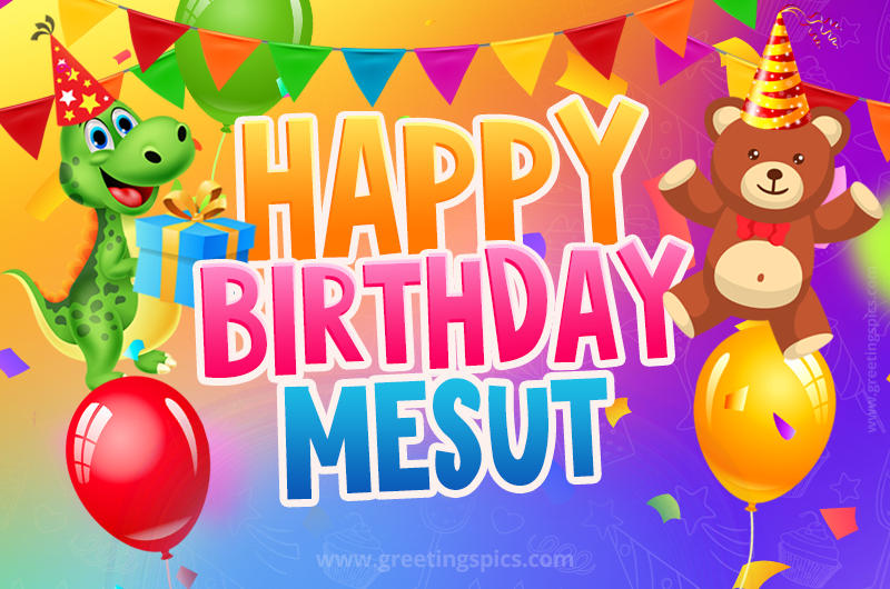 Happy Birthday Mesut Image for a child with cute baby dinosaur and bear