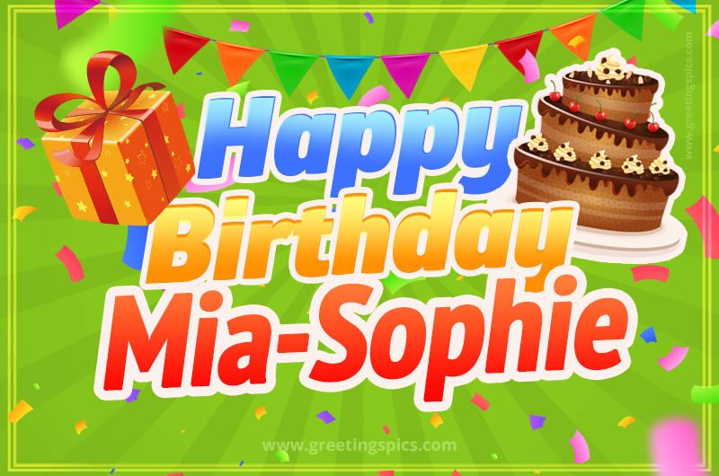 Happy Birthday Mia-Sophie picture with flags, chocolate cake and gift box