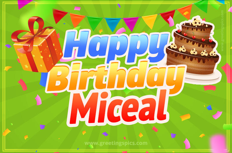 Happy Birthday Miceal picture with flags, chocolate cake and gift box