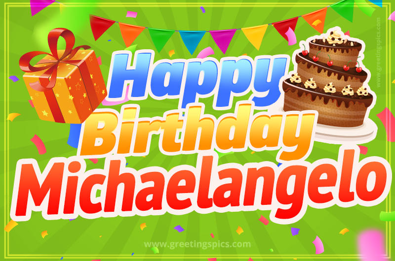 Happy Birthday Michaelangelo picture with flags, chocolate cake and gift box