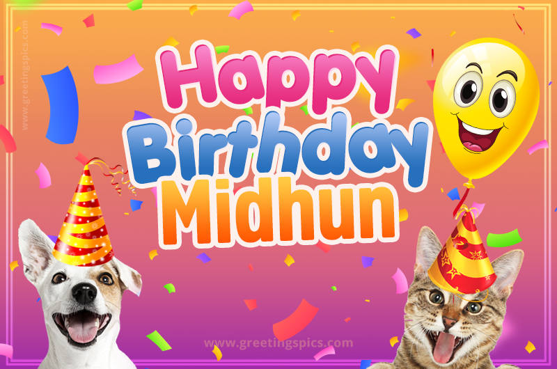 Happy Birthday Midhun Funny Image with cat and dog