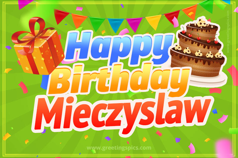 Happy Birthday Mieczyslaw picture with flags, chocolate cake and gift box