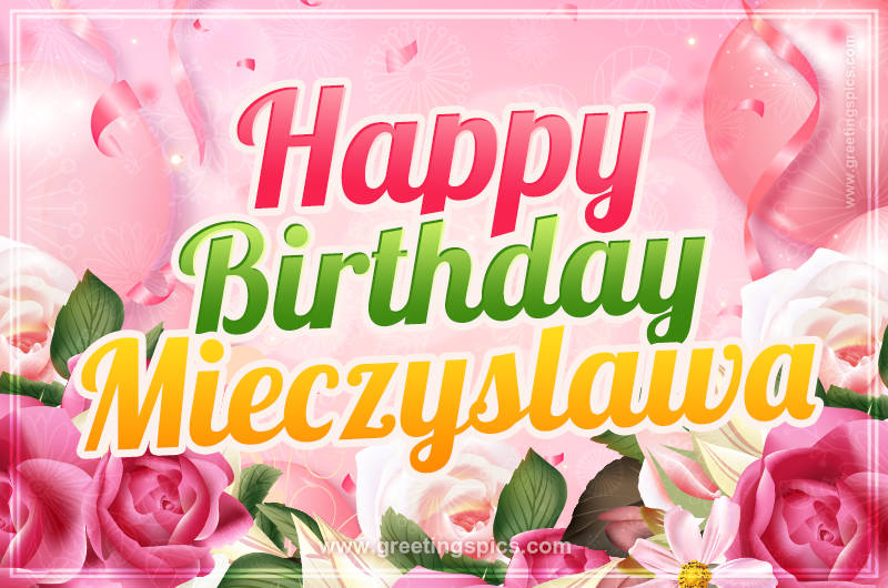 Image with gentle pink background and flowers Happy Birthday Mieczyslawa