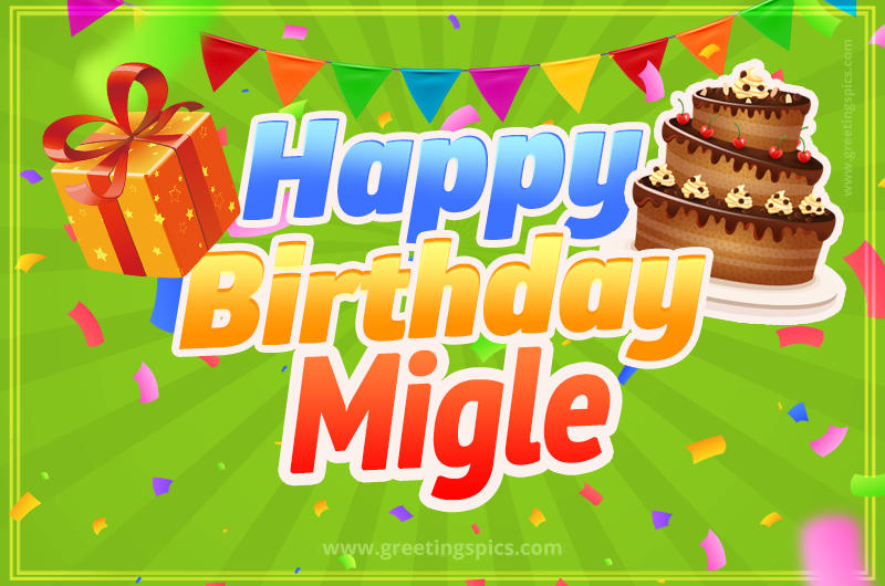 Happy Birthday Migle picture with flags, chocolate cake and gift box