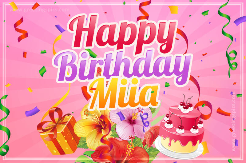 Beautiful Birthday Card for Miia with Cake and bouquet of flowers