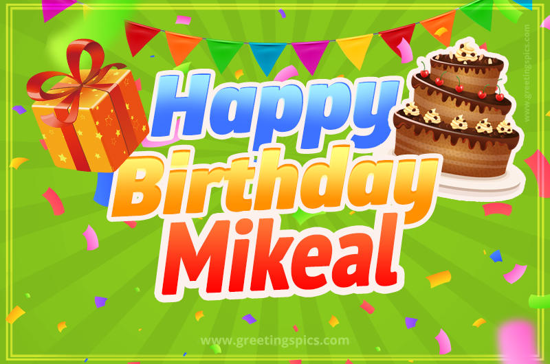 Happy Birthday Mikeal picture with flags, chocolate cake and gift box