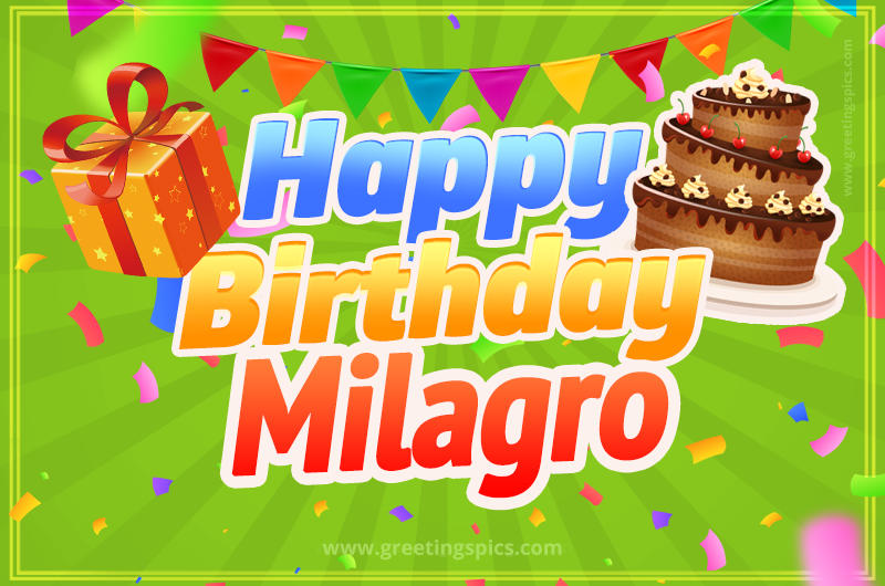 Happy Birthday Milagro picture with flags, chocolate cake and gift box