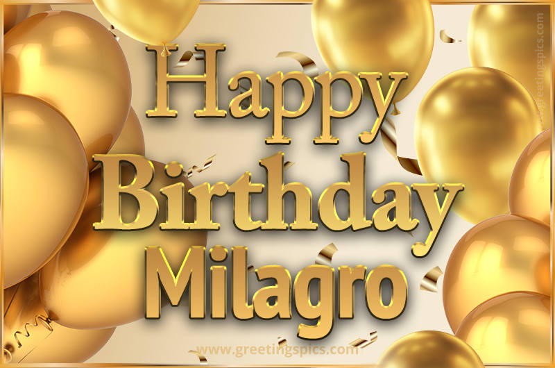 Happy Birthday Milagro Card with golden confetti and balloons