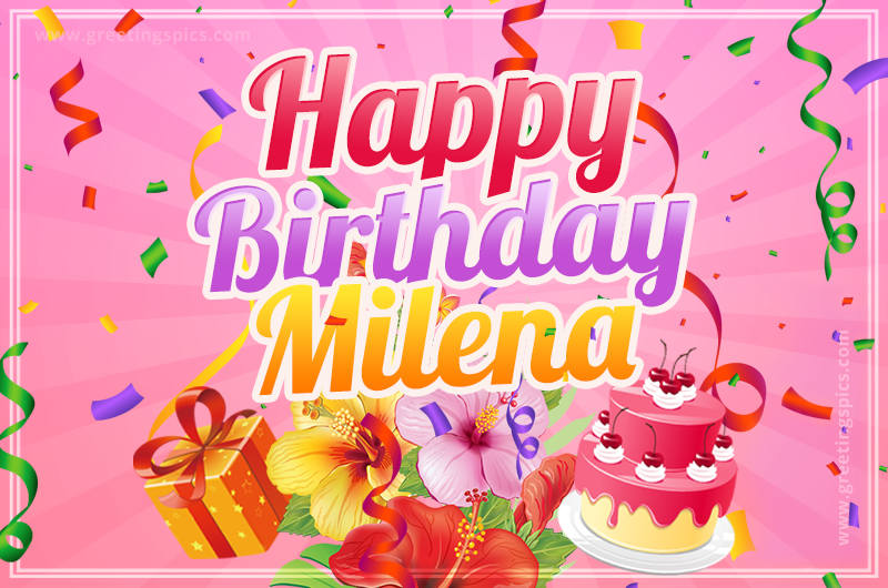 Beautiful Birthday Card for Milena with Cake and bouquet of flowers