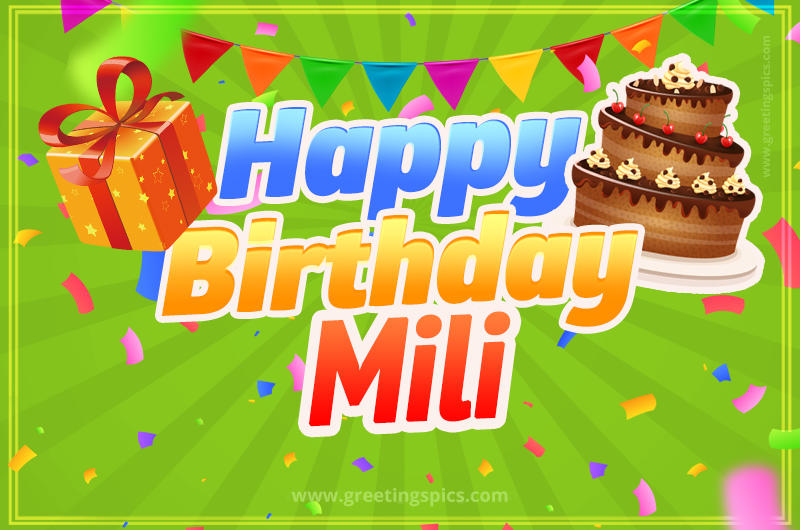 Happy Birthday Mili picture with flags, chocolate cake and gift box