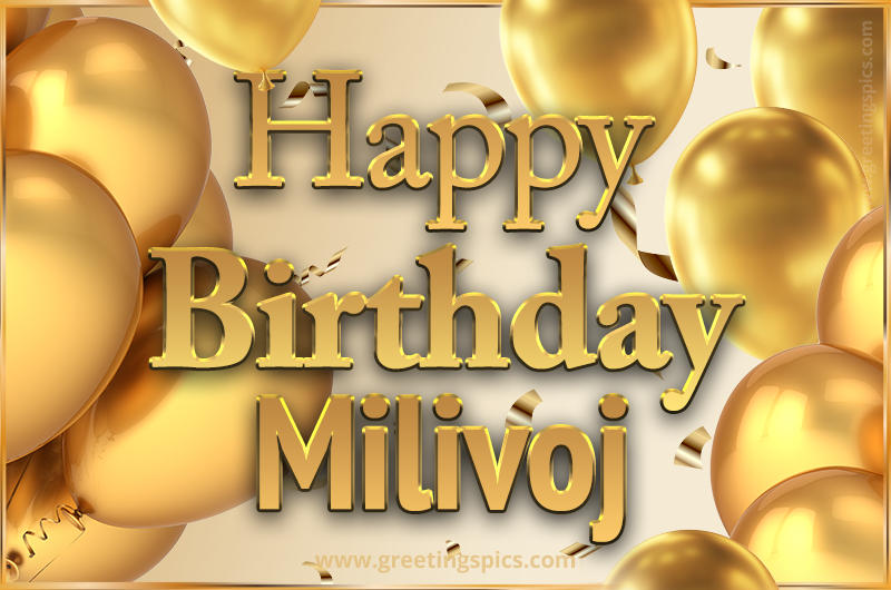 Happy Birthday Milivoj Card with golden confetti and balloons